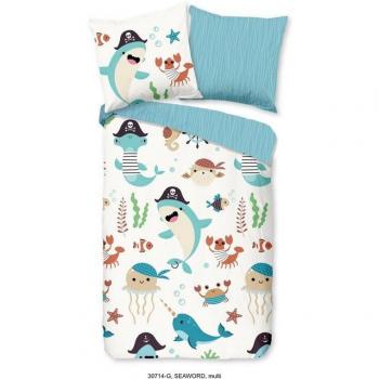 Kinderbettwäsche Seaworlds Renforcé – 2‑teilig, 100 % Baumwolle, 135 × 200 cm, Reißverschluss, Wendeoptik, Piratenmotiv für Jungen