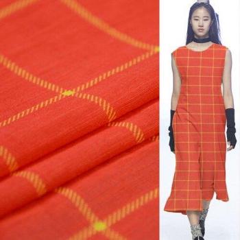 Silk Linen Blend Yellow Gingham Plaid Fabric on Red Base, 55 Width, 16 Momme by Yard