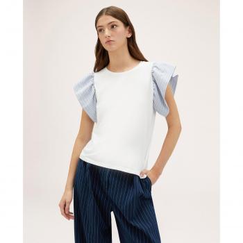 Camiseta lisa de mujer con mangas con volante de rayas