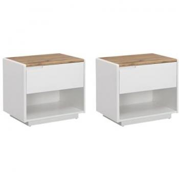 Comodino 2x – 1 Cassetto & 1 Nicchia in MDF Bianco Laccato e Rovere – Amani