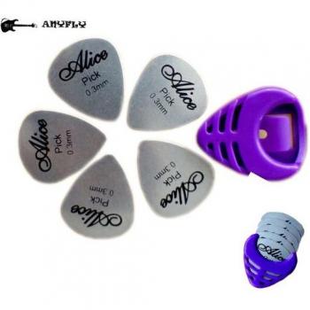 Alice 5-Pack Stainless Steel Triangle Guitar Picks 0.3mm + 1 Pick Holder Case