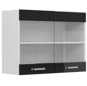Armadio da cucina in vetro R-Line, Nero lucido, 80 cm