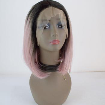 Perruque Bomshell Noir Ombre Rose Bob Court Droit Synthétique Dentelle Avant Résistante à la Chaleur
