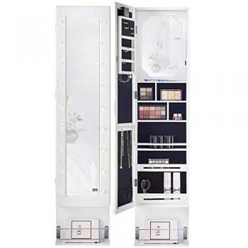 IceCreamLiving Crystal Door/Wall Mounted Full Length Jewellery Mirror Cabinet with LED Lights & Hair Dryer Holder Shelves Storage For Makeup Bedroom Cosmetics (White)