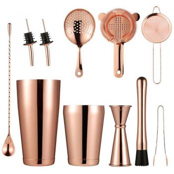 Kit de Barman con Agitador Británico - Acero Brillante - 11 Unidades - Color Dorado Rosa