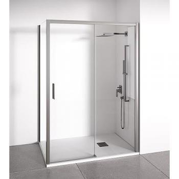 BELLOBATH Mampara de ducha angular 1 corredera + 2 fijos - sin perfilería inferior - Cristal transparente templado 6mm - Plata Brillo - Ancho adaptable 125-130