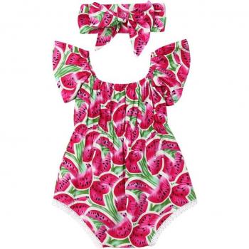 Cotton Summer Set for Newborn Baby Girls - Watermelon Print Bodysuit and Headband
