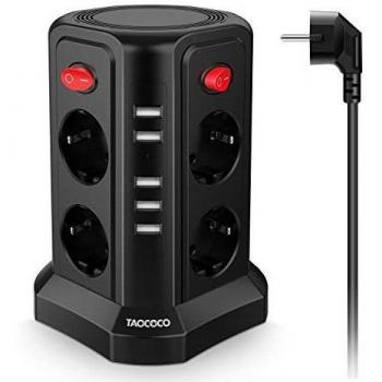 TAOCOCO Multiplicador de enchufes vertical con 8 salidas y 5 USB, cable de 2 m, enchufe seguro, 2500W / 10A