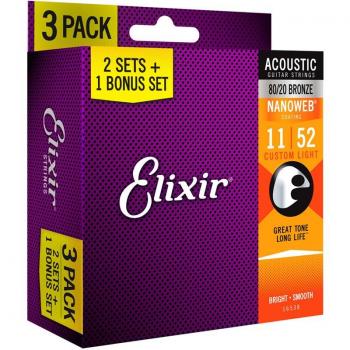 Cuerdas Acústicas Elixir 80/20 Nanoweb Triple Pack 11-52