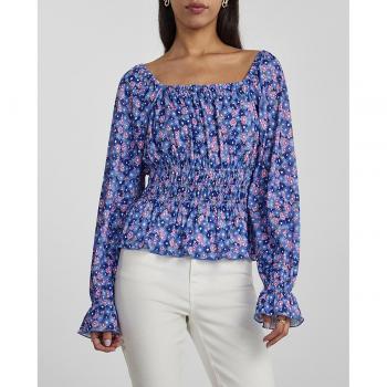 Pieces Blusa de mujer con escote cuadrado y detalle de nido de abeja en la cintura