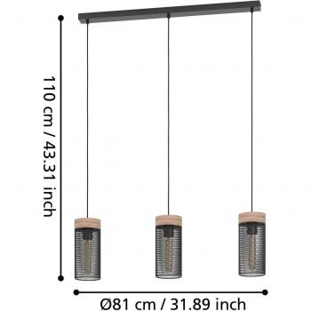 Lampadario a Sospensione Vintage Kilnsdale Acciaio Nero Legno 3 Luci E27