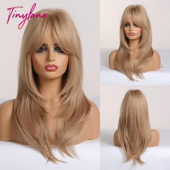 TINY LANA Women's Black Brown Ombre Synthetic Wigs - Straight Medium Length Layered Style with Bangs