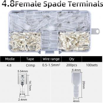 Copper Crimp Connectors Set: 200pcs Female Spade Terminals