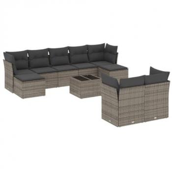Grey Poly Rattan Outdoor Sofa Set - 10 Pieces with Cushions