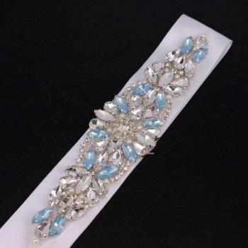 Satin Blue Pearl Rhinestone Bridal Waist Belt