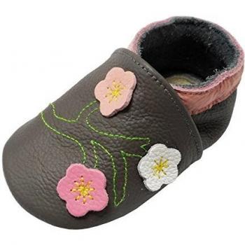 Chaussures YALION Cuir Souple pour Bébé Fille avec Design de Petites Fleurs (Gris Foncé, 0-6 Mois)
