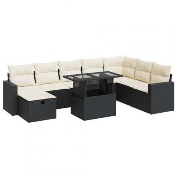 Ensemble de jardin 9 pcs avec coussins noir en résine tressée
