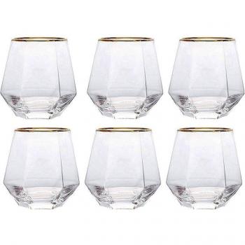 Vaso de cristal decorativo con detalles de diamante y borde dorado hexagonal