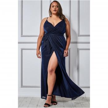 Spaghetti Strap Wrap Maxi Dress in Navy – Goddiva Plus Edition