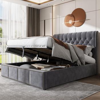 Merax Lit coffre 140x190 cm velours gris orné de rivets