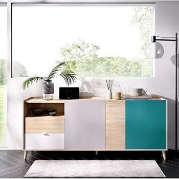 Aparador Nova 3 puertas y 2 cajones natural/gris/esmeralda 75x180x43 cm