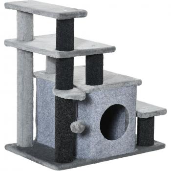 PawHut Arbre grattage escalier 4 niveaux balle amuse maisonnette ajustable 60x40x66 cm noir gris