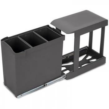 Emuca Poubelles de recyclage pour la cuisine, 3 x 10L, fixation inférieure et extraction automatique, Acier et Plastique, Gris antracite