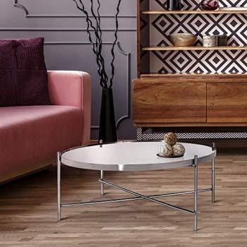 Mesa de Centro Redonda Ø75x35 cm WOMO-DESIGN, Mesita de Café con Encimera de Cristal y Marco de Metal Cromado