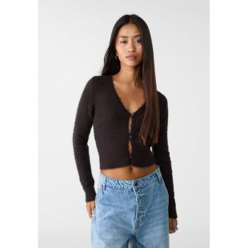 Brown XL Cropped Button-Up Knit Cardigan