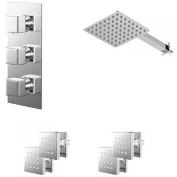 Cubix Polished Chrome Concealed Triple Thermostatic Shower Valve with 200 mm Square Head, 345 mm Wall Arm and 4 Body Jets (2‑Outlet)