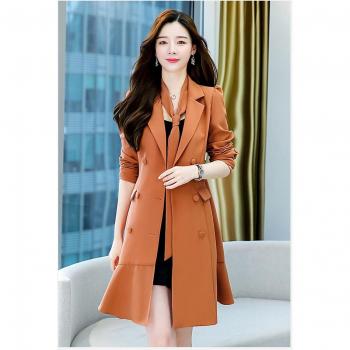 Solid Double-Breasted Long Windbreaker for Women