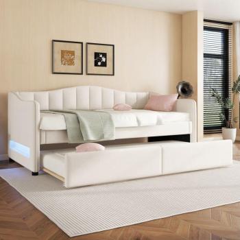 Canapé-système 90x200 cm avec lit gigogne, éclairage LED réglable et revêtement lin-mdf