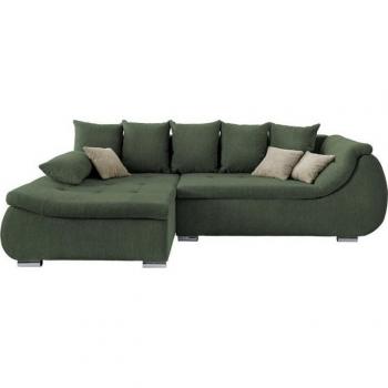Perallo L‑Form Ecksofa INOSIGN – moosgrün, Maße 275 × 96 × 165 cm, Gratis 3 Zierkissen & 1 Armlehnenkissen