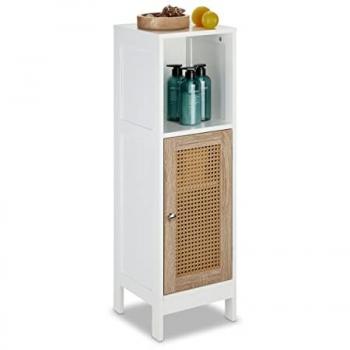 Relaxdays - Badezimmerschrank, 3 Fächer, stehend, hbt: 96,5 x 30 x 30 cm, schmaler Badschrank mit Rattan-Tür, weiß/natur