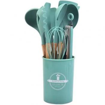 Nonstick Silicone Kitchen Tool Kit (12 PCS) with Wood Handles and Carry Case