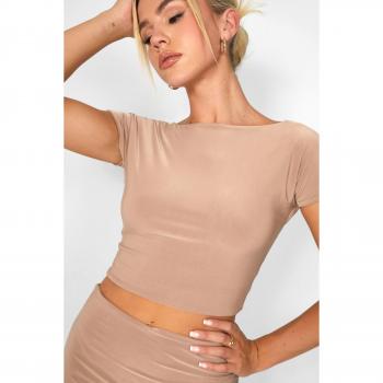 Kaiia Low Back Slinky Crop Top Set in Taupe - Size 4