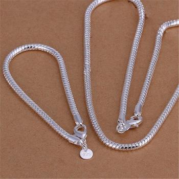 Sterling Silver 3MM Snake Bone Chain Necklace and Bracelet Set