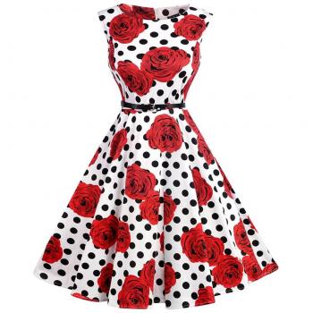 Lauzal 50s Vintage Partydress – Bl.-Rot-Rose Blumen‑Print, Knielänge