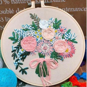 Kit de bordado europeo de ramo a mano, cinta tridimensional simple, 20x20cm