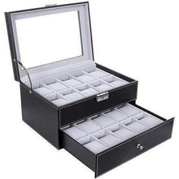 Black Synthetic Leather 20-Grid Lockable Watch & Jewelry Organizer