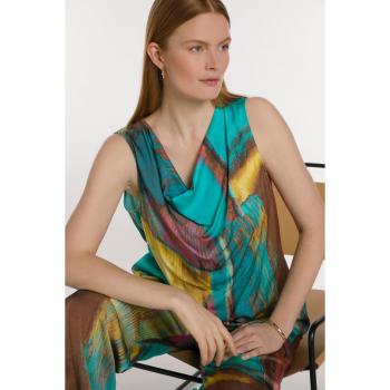 Blusa Smanicata Plus Size con Stampa Collage e Scollo a Cascata, Donna, Turchese, Taglia: 60/62, Viscosa