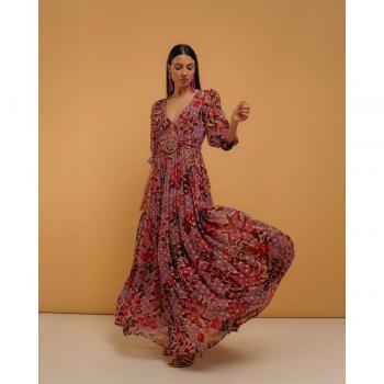 Niza - Vestido largo de escote pico con lurex y manga larga