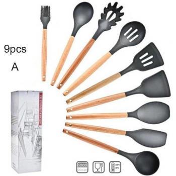 Ustensiles de cuisine en silicone avec poignées en bois