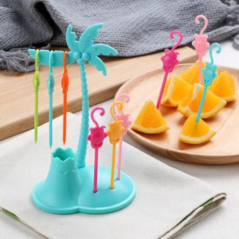 Fruit Fork Set with Coconut and Monkey - Vegetable, Snack, Dessert Forks and Toothpick Holder