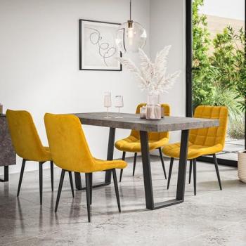 Aria Grey Concrete Dining Table & Chair Collection – Black Legs, Mustard Velvet Chairs