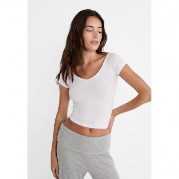 Stradivarius White Ribbed V-neck Tee XS