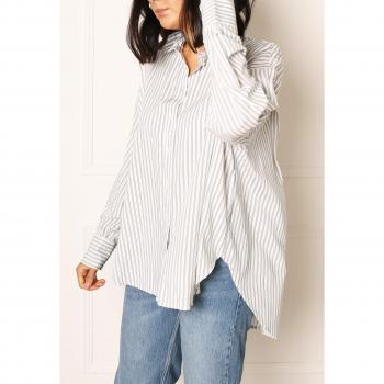 Camicia Lunga a Righe in Cotone Bianco e Blu con Orlo Asimmetrico JDY Grace Oversize