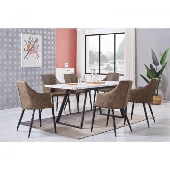 Toga LUX Zarah Dining Ensemble - Extendable White Table with 6 Light Brown Chairs