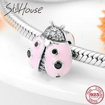 925 Sterling Silver Pink Ladybug Flashing CZ Spacer Beads for Charms