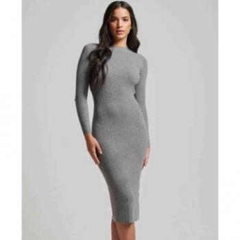 Vestito Midi Bodycon Grigio Marl a Maniche Lunghe con Schiena Scoperta, Taglia XS